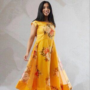 Floral Print Yellow Organza Below-Knee Dress | Muvvas Boutique